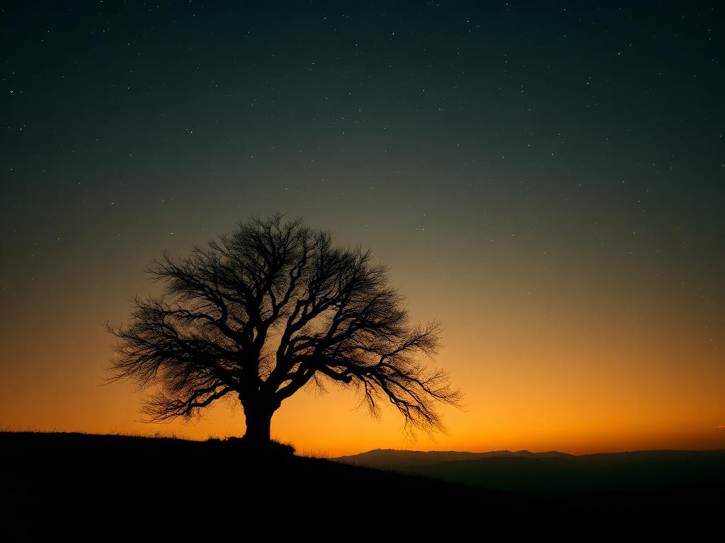 Silhouette einer alten Eiche auf einem Hügel unter dem Abendhimmel