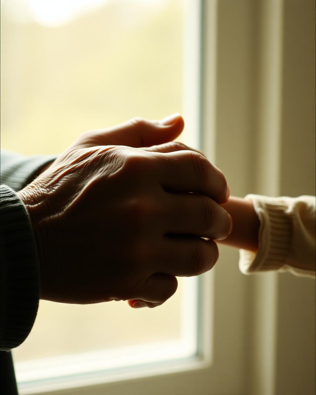 Zwei Hände halten sich, eine ältere und eine junge, im weichen Fensterlicht