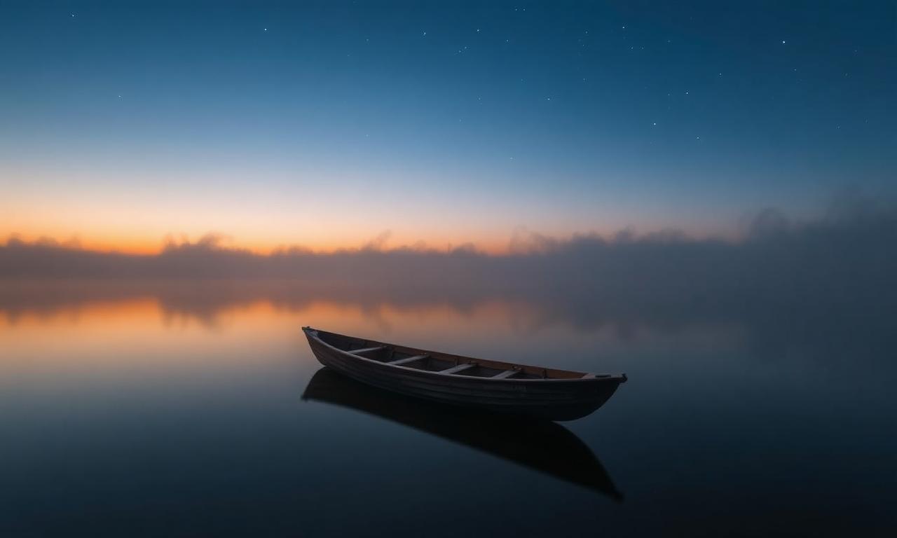 Stiller See in der Dämmerung mit einem einzelnen Holzboot im Nebel